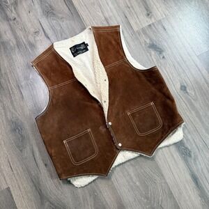 Vintage Sears The Leather Shop Brown Suede Vest Western Cowboy Snap Front Mens L